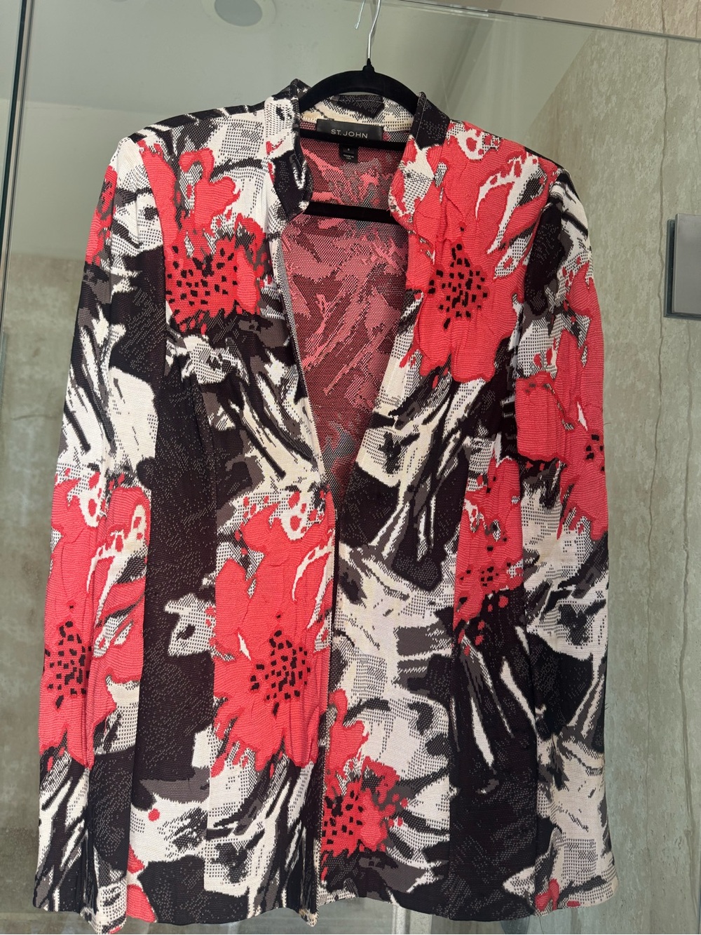St. John Open-Front Floral Knit Blazer in Red, Black & White